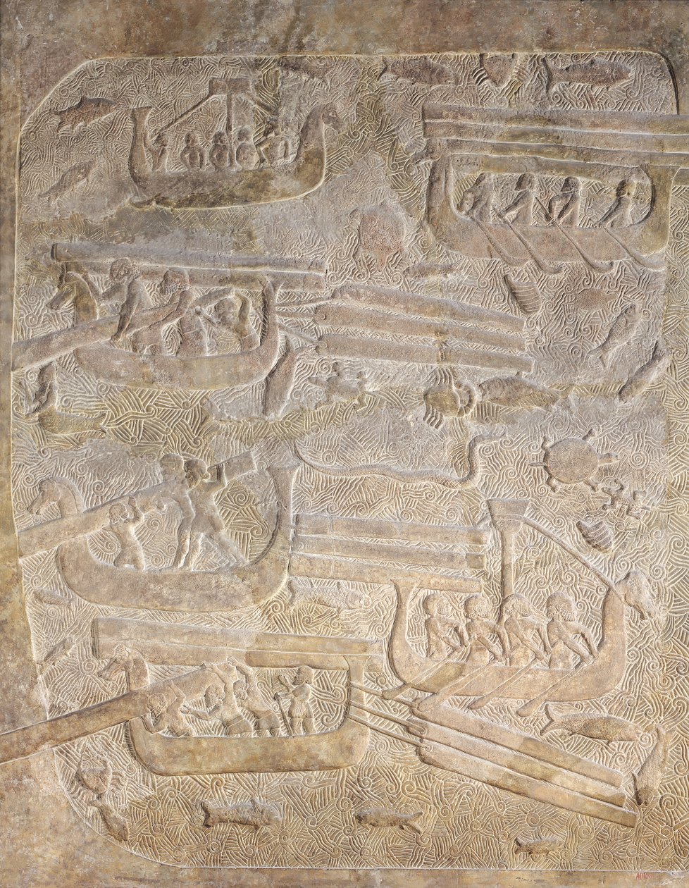 Relief som visar lossningen av trä efter transport till sjöss, från Palace of Sargon II, Khorsabad, Irak av Assyrian