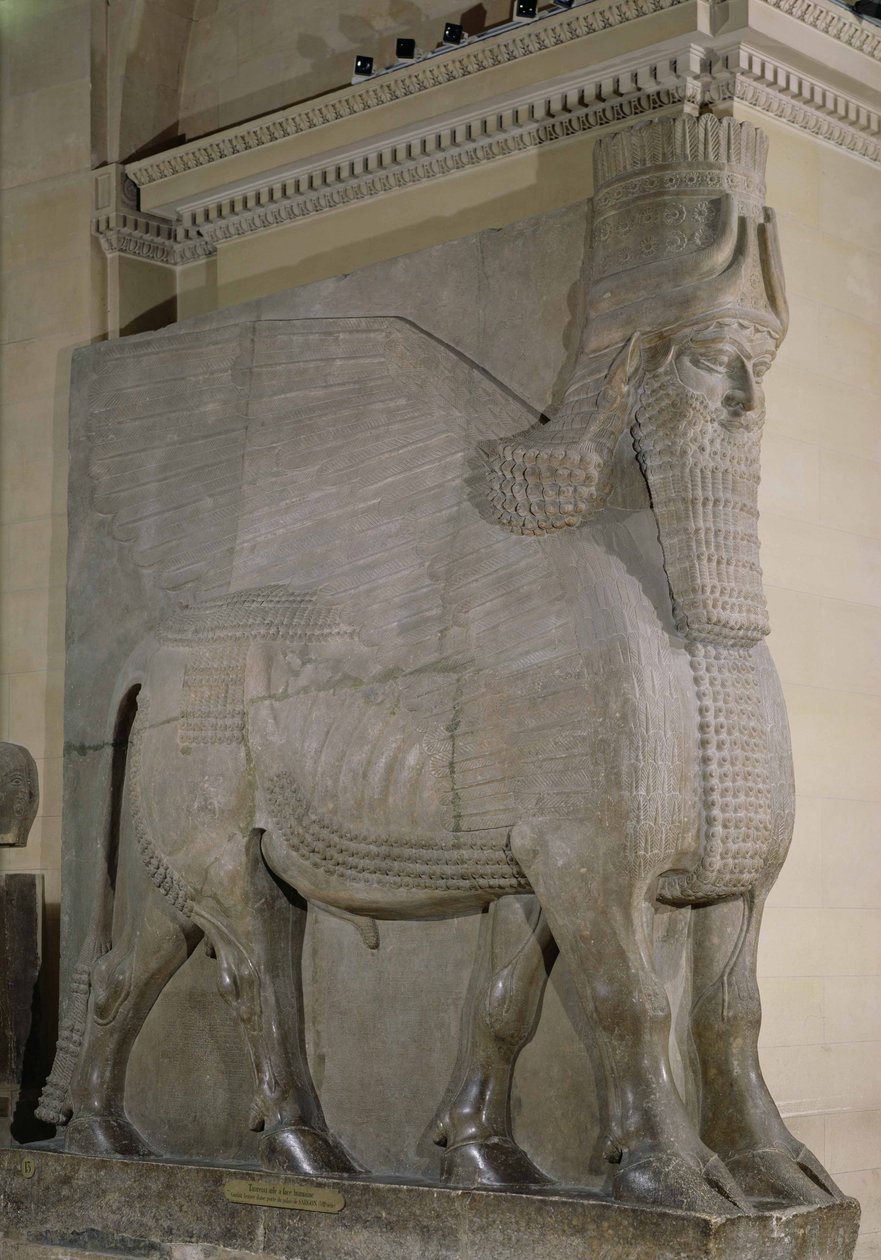 Bevingad tjur från fasaden av Palace of King Sargon II i Khorsabad, Irak (gips) av Assyrian