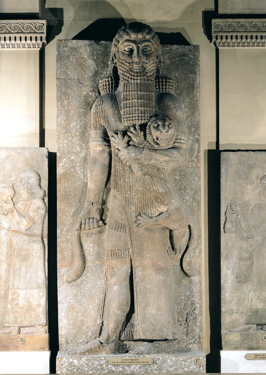 Hjälten Gilgamesh håller ett lejon som han har fångat, stenrelief från Palace of Sargon II i Khorsabad (Irak), c.725 f.Kr. (gips) av Assyrian School