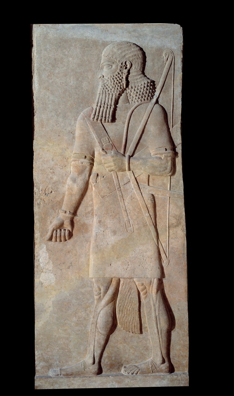 Konst Mesopotamien (Assyrien): Krigare i vapen från hovet i Assyriens kung Sargon II:s palats (721-705 f.Kr.). Paris, Musee Du Louvre av Assyrian