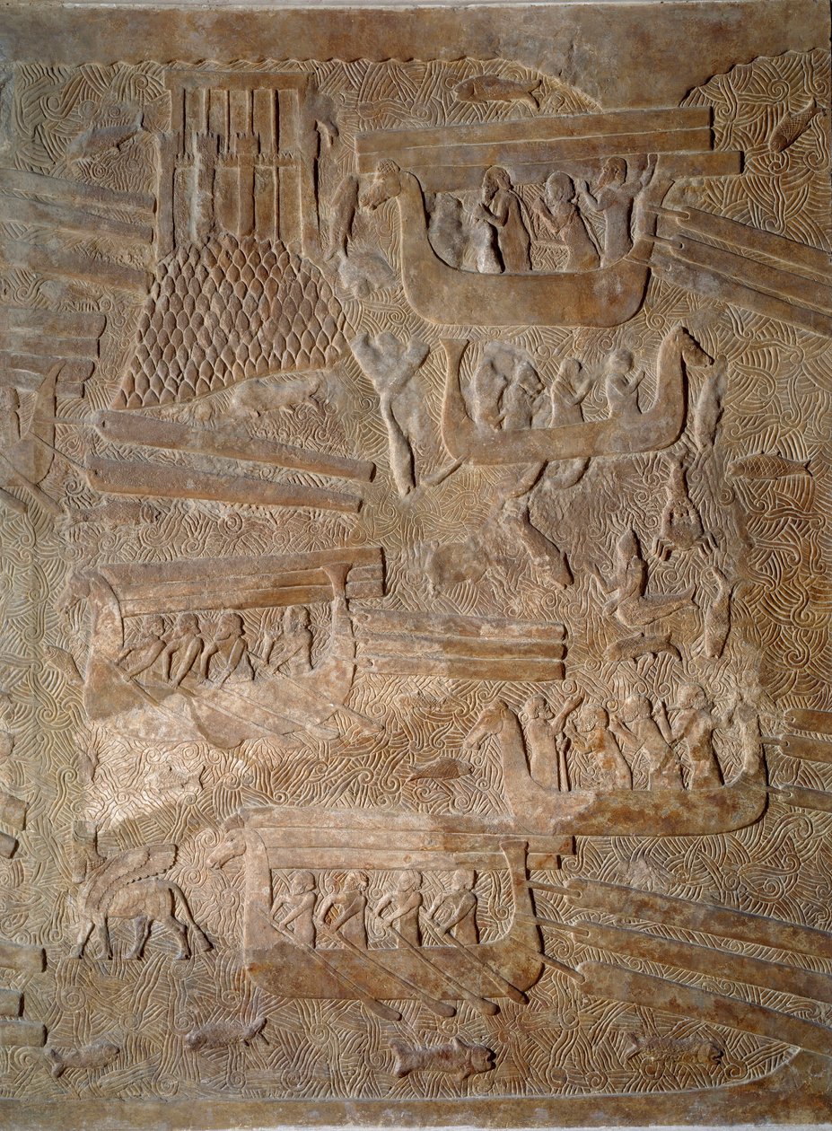 Art Mesopotamia (Assyrien): innergård till palatset till kungen av Assyrien Sargon II (721 - 705 f.Kr.) transport av cederträ från Libanon. Paris, Louvren av Assyrian