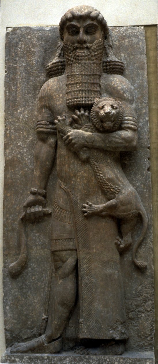 Hjälte Gilgamesh som bemästrar ett lejon, 722-705 f.Kr av Assyrian