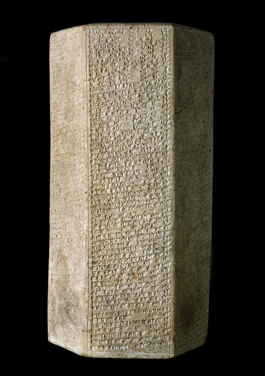 Sexkantig cylinder, inskriven med Annals of Esarhaddon King of Assyrien, c.676 BC (lera) av Assyrian