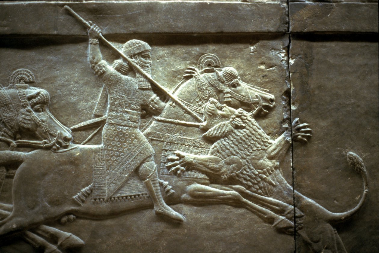 Kung Ashurnasirpal II under en kunglig lejonjakt, 650-620 f.Kr av Assyrian
