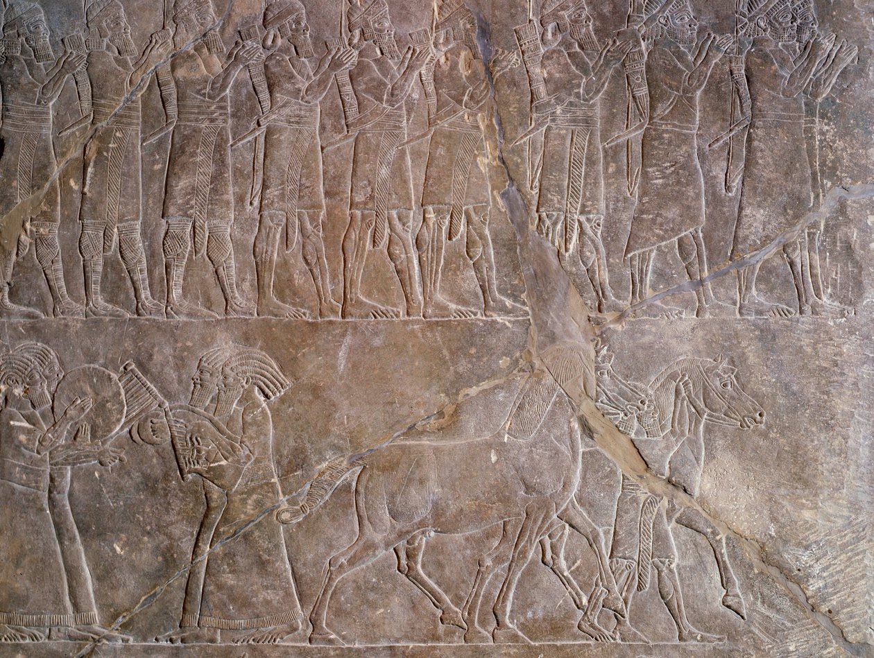 Orientalisk antikvitet: detalj av en basrelief i kalksten: musikerna från Assurbanipals eller Ashurbanipals rustning, kungen av Assyrien (Mesopotamien) (669 f.Kr.-627 f.Kr.). 640 f.Kr. Från Nineve. Paris, Louvren av Assyrian