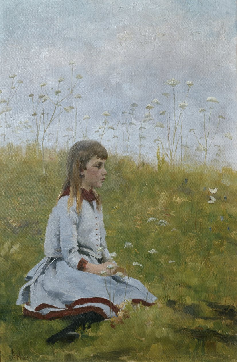 Flicka på en blomsteräng, ca 1885 (olja på duk) av Asta Nørregaard