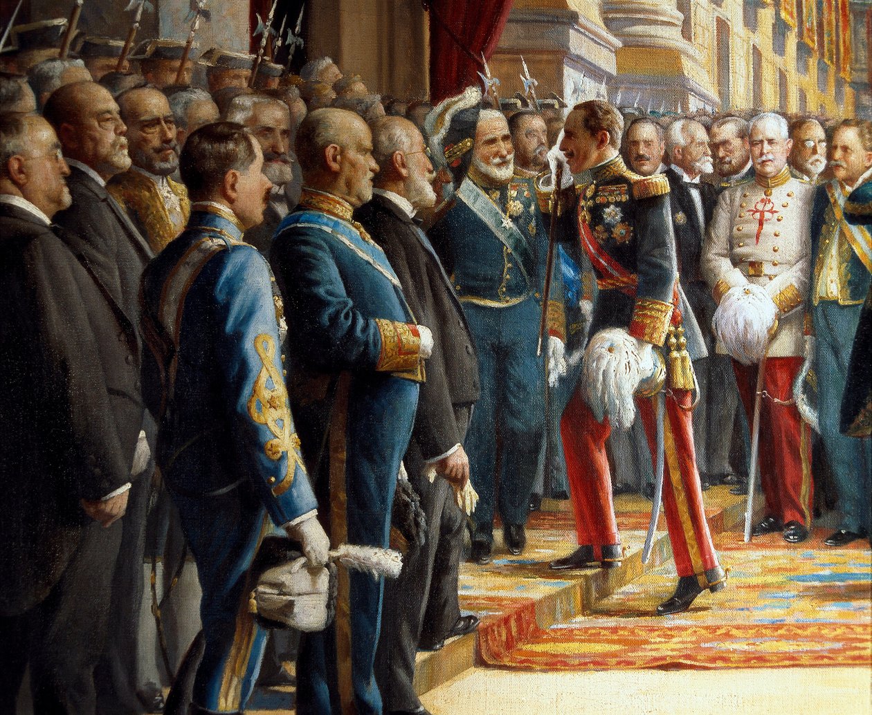 Öppnandet av Cortes i senaten, detalj Alfonso XIII av Spanien (1886-1941) hälsar Antonio Maura y Montaner (1853-1925) när han går in i senaten, 24 juni 1920 av Asterio Mañanós Martínez