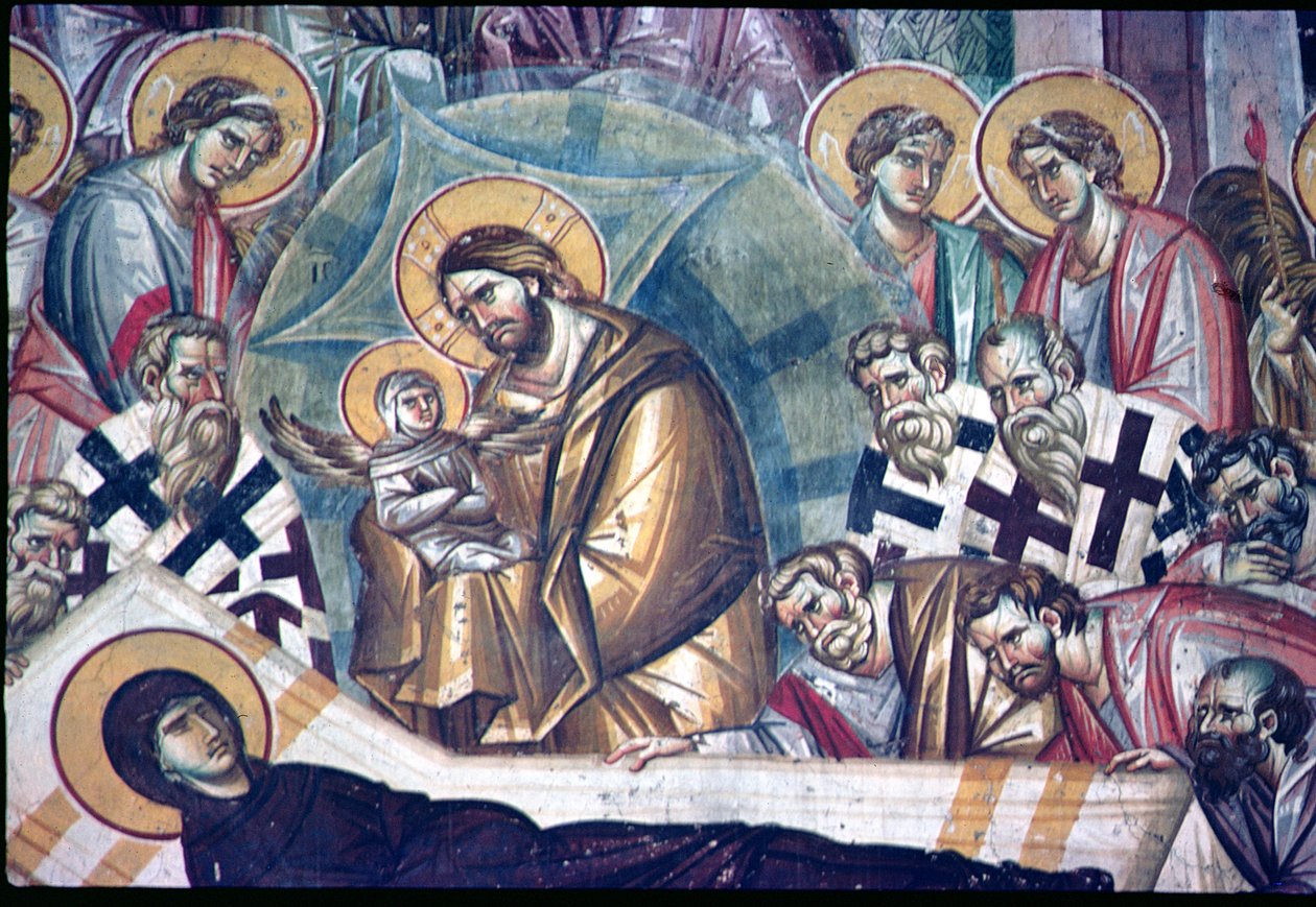 Detalj av Dormition of the Virgin fresk se 134450 & 231617 av Astrapas and Eutychios