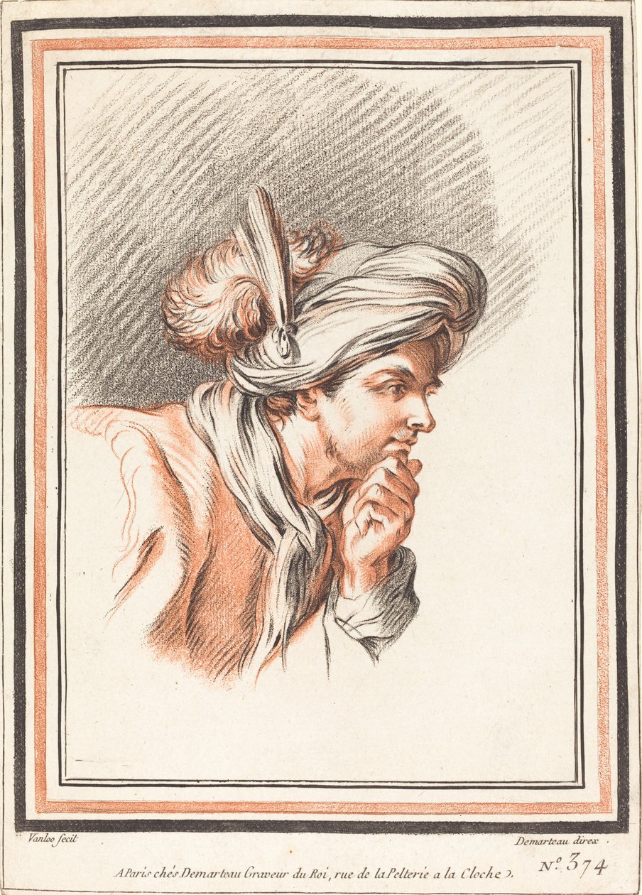 Huvudet på en man som bär en plymerad turban av Atelier of Gilles Demarteau the Elder after Carle Van Loo