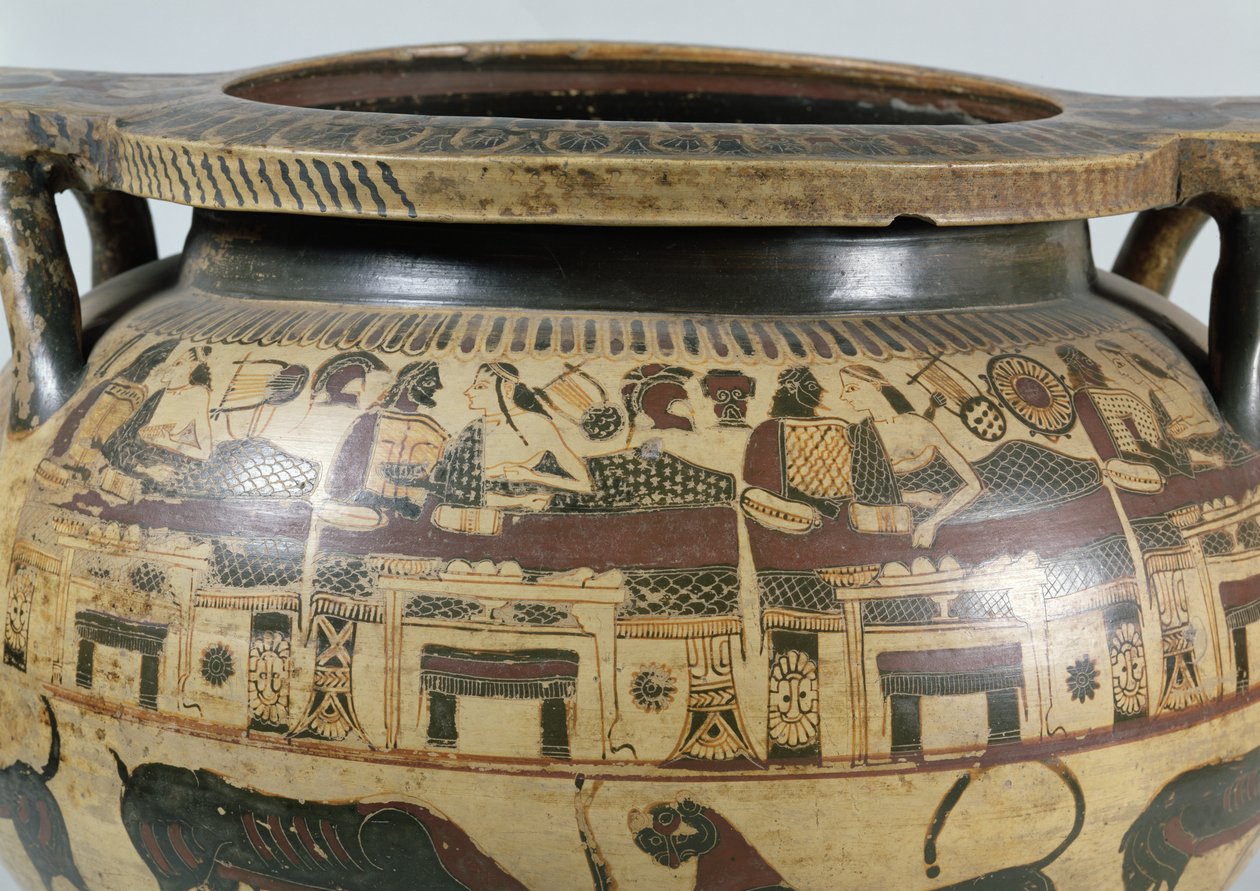 Detalj av en korintisk krater med en bankettscen, ca 590-575 f.Kr. (keramik) av Athana Painter
