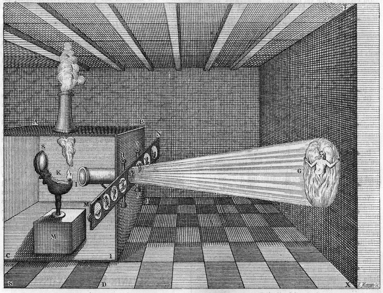 En camera obscura (Magic Lantern) projicerar bilden av en man som brinner i helvetet - (Trolllykta. Fader Kirchers magiska lykta. Tidig lykta diaprojektor) I "" Ars Magna Lucis Et Umbrae"" av Athanasius Kircher av Athanasius Kircher