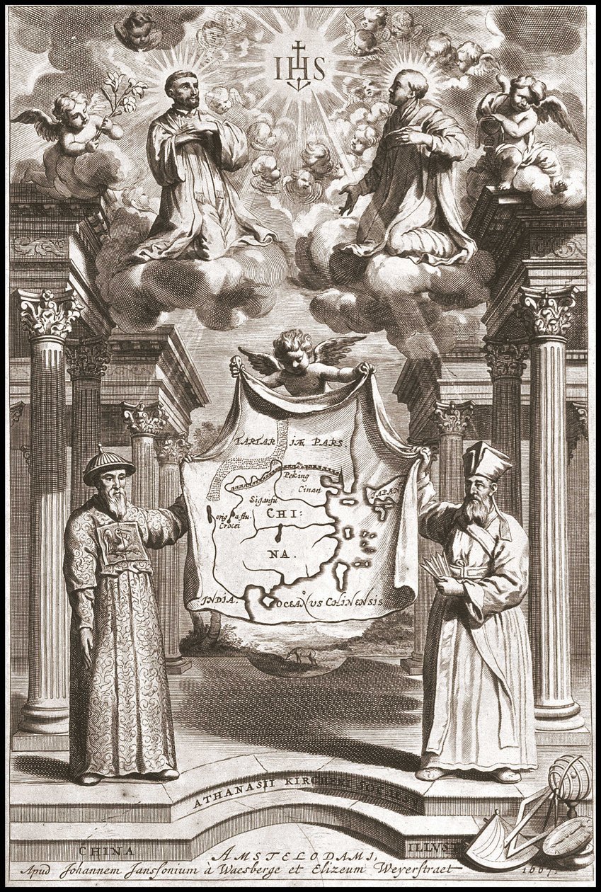 Adam Schall (vänster) och Matteo Ricci (höger) i kinesisk mandarin-dräkt, framsidan av "Kina" av Athanase Kircher (eller Athanasius Kircheri) av Athanasius Kircher