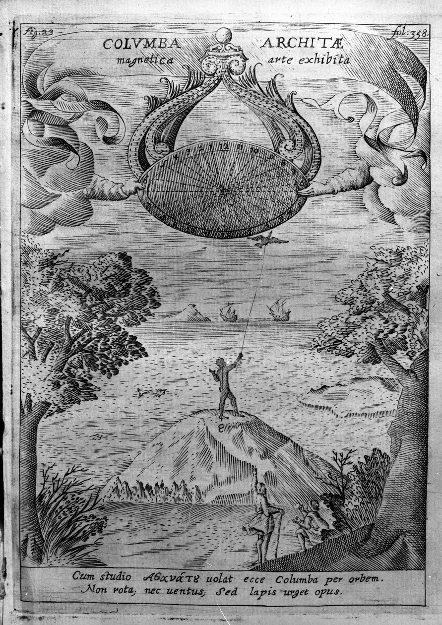 Archytas av Taranto (435-347 f.Kr.) flyger en träduva. Gravyr från "Mundus Subterraneus" av Athanasius Kircher (1601-1680), jesvit, orientalist och lärd. av Athanasius Kircher