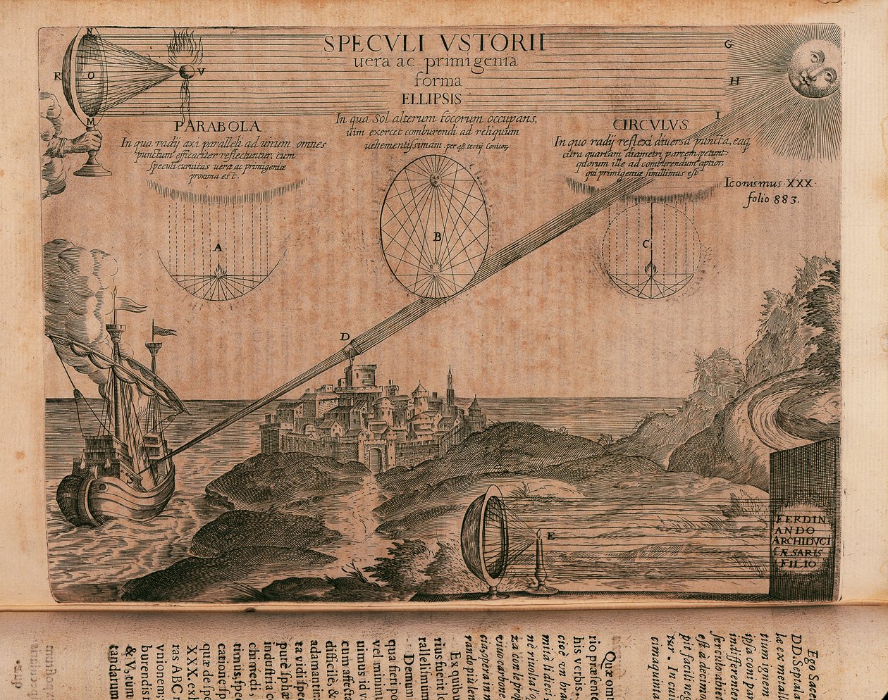 Brinnande speglar av Archimedes, gravyr från Ars magna lucis et umbrae (stor konst av ljus och skugga), av Athanasius Kircher (1602-1680), Rom av Athanasius Kircher
