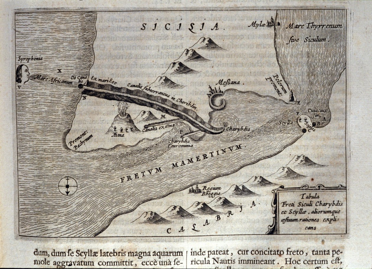 Kartografisk representation av Charybde"" och "Scylla"" i Detroit of Messina, Sicilien""" Gravyr från "Mundus Subterraneus"" av Athanasius Kircher (1601-1680), jesvit, orientalist och forskare 1682 av Athanasius Kircher