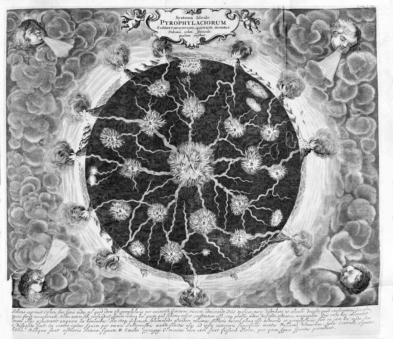 Tvärsnitt av jorden som visar den centrala elden, bränder och vulkaner, från en kopparstick av Athanase Kirchers "Mundus subterraneus" (eller Athanasius Kircheri) av Athanasius Kircher