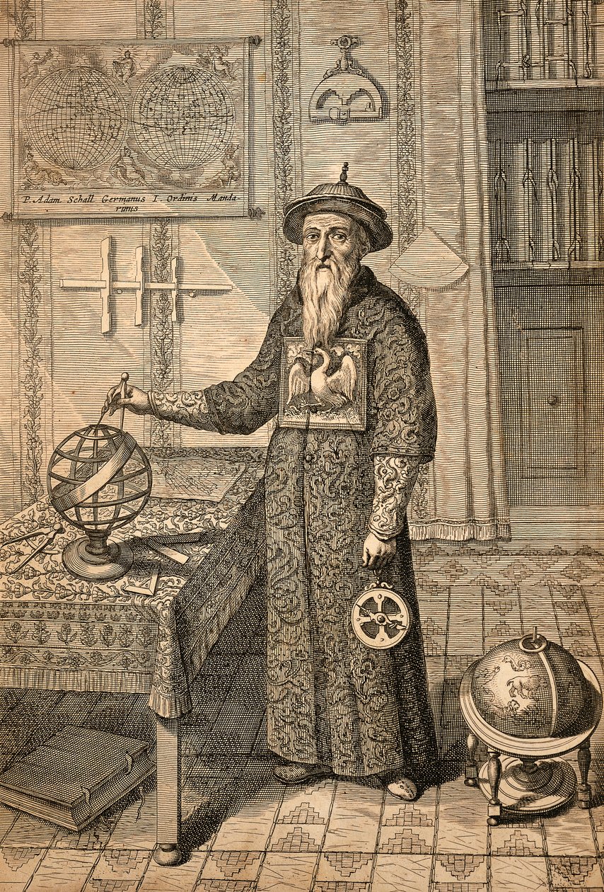 Jesuiten Johann Adam Schall von Bell (1591-1666), föregångare till Ferdinand Verbiest, astronom vid Mingdynastins hov i Nanjing, iklädd mandarinkostym, från Kina monumentis av Athanasius Kircher