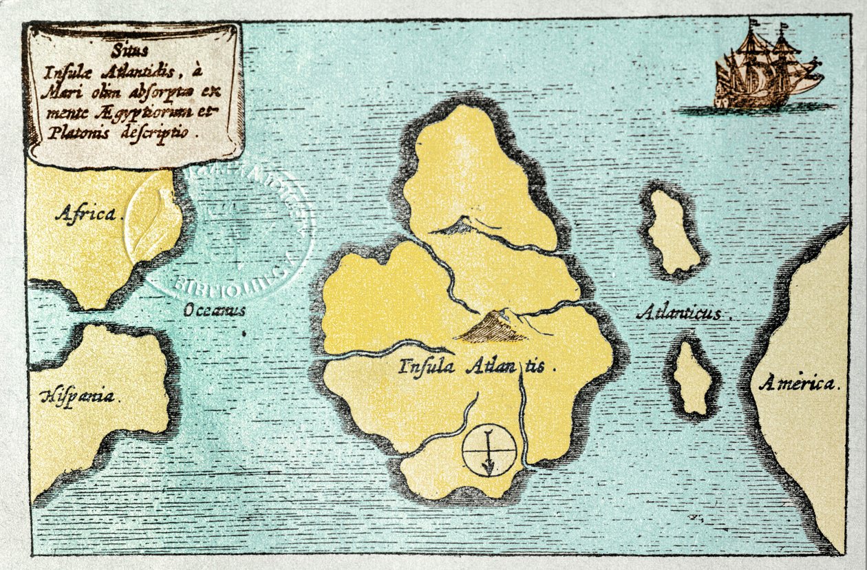 Karta över den legendariska ön Atlantis - från Mundus Subterraneus i Athanase Kircher (eller Athanasius Kircheri) av Athanasius Kircher