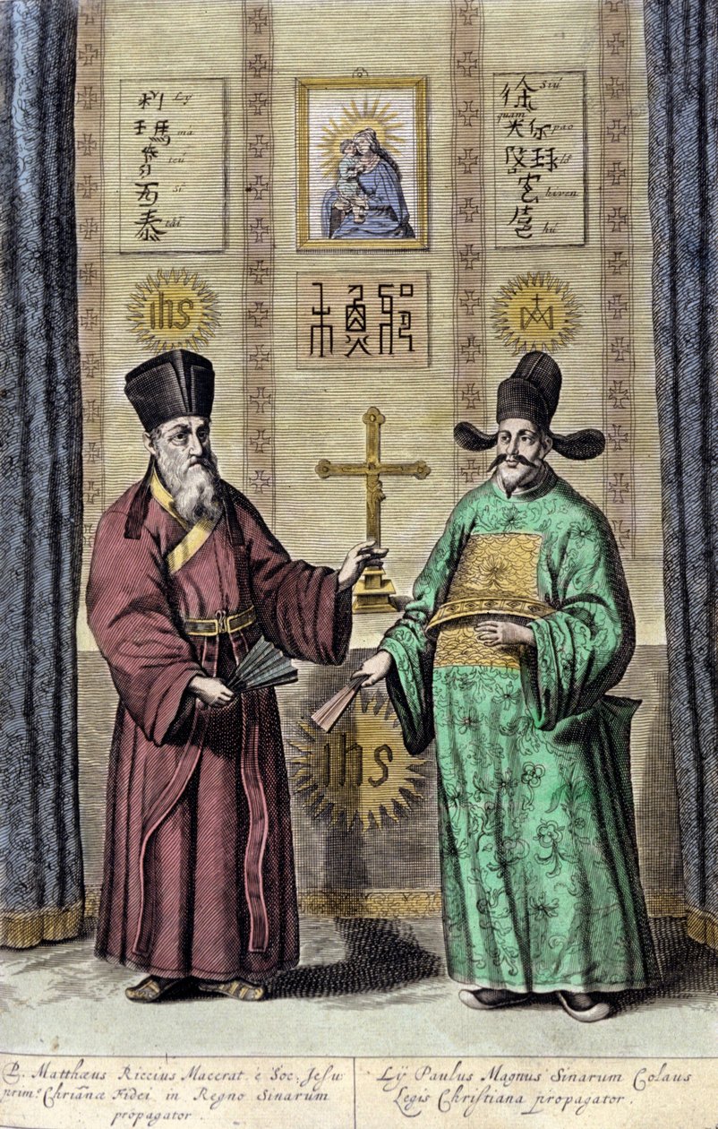 Porträtt av Matteo Ricci (till vänster), italiensk jesvit och Paul Ly, stor propagator för den kristna tron i Kina, gravyr av "De China monumenta" av Athanasius Kircher (1601-1680), jesvit, tysk orientalist och lärd av Athanasius Kircher