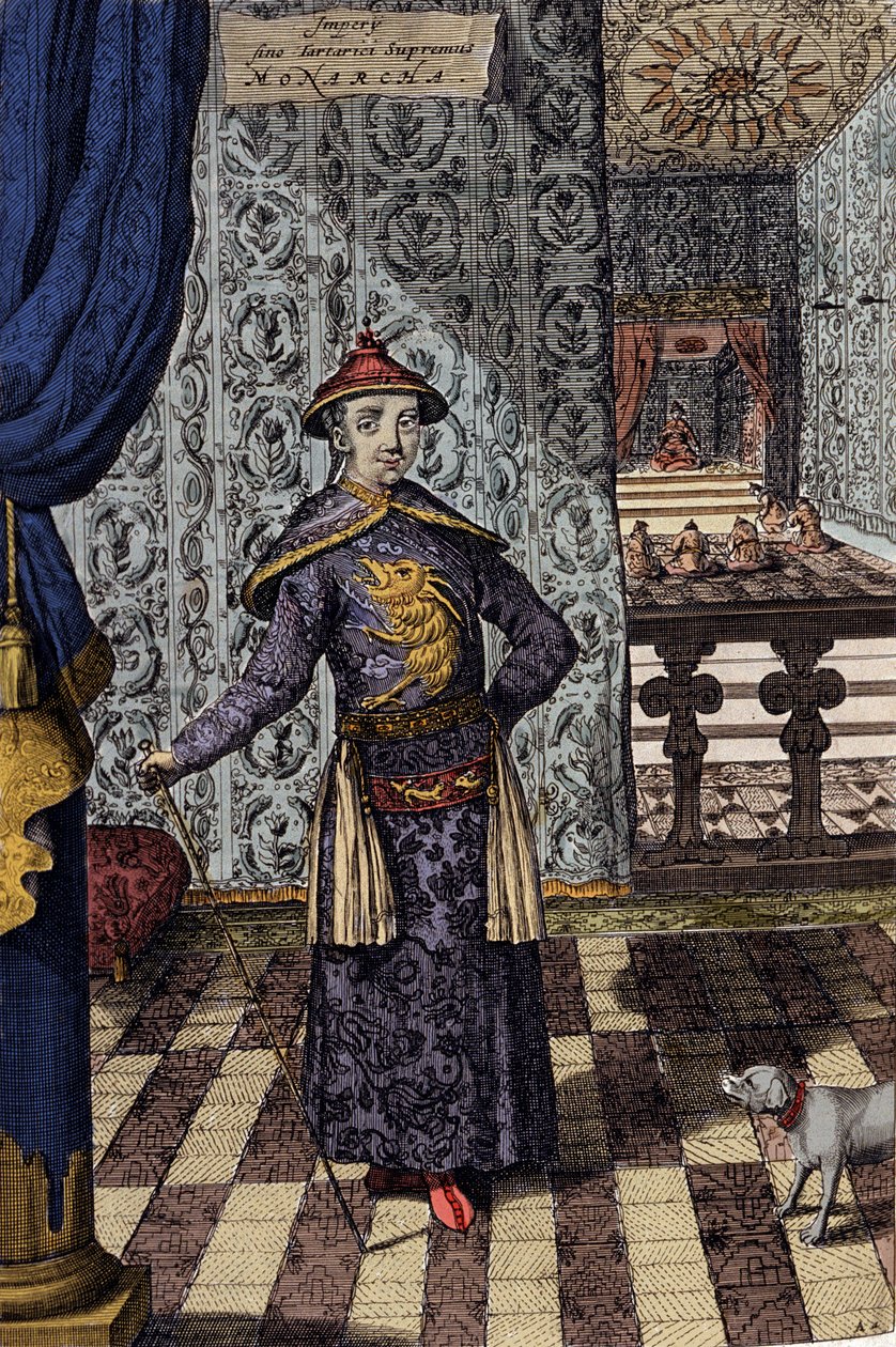 Den kinesiske kejsaren och tatarernas högsta härskare - kinesisk kejsare Kangxi (1652-1722) Qing-dynastin, gravyr av Athanasius Kircher (1601-1680) från "" China Monumentis, qua sacris qua profanis""" 1667 - kinesiska kejsaren (1652xi) -1722) Qingdynastin, av Athanasius Kircher