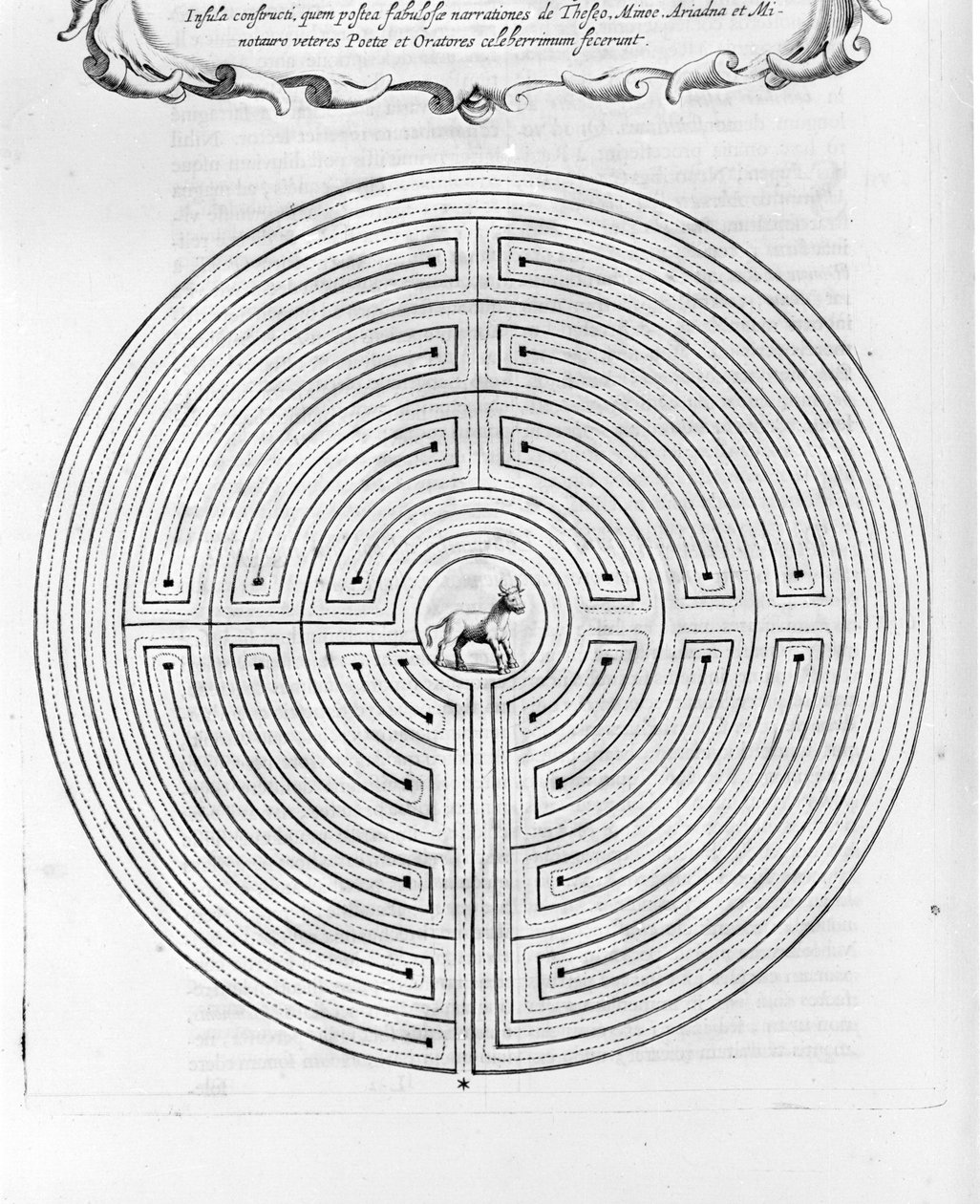 Labyrinten Cnossos designad av Dedale - I mitten är minotauren - "Turris Babel" av Athanase Kircher - Amsterdam av Athanasius Kircher