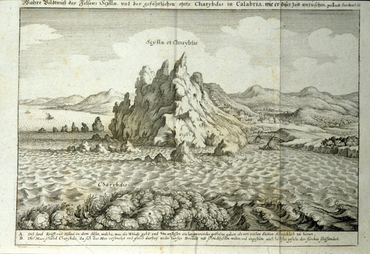 Utsikt över klipporna "" Charybde"" och "" Scylla"" i Detroit of Messina, Sicilien""" Gravyr från "" Mundus Subterraneus"" av Athanasius Kircher (1601-1680), jesvit, orientalist och lärd 1682 av Athanasius Kircher