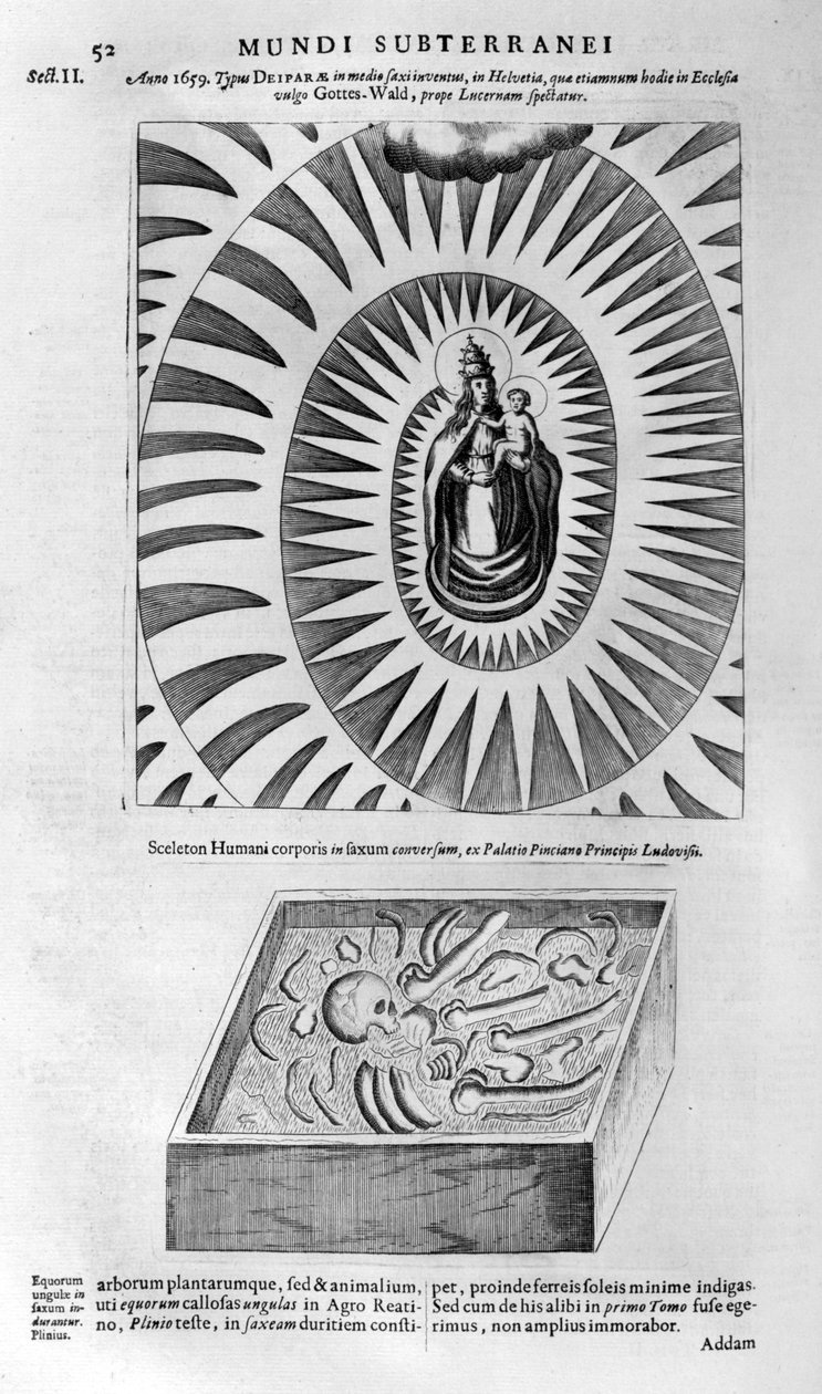 Jungfru och barn och ett mänskligt skelett, 1678 av Athanasius Kircher