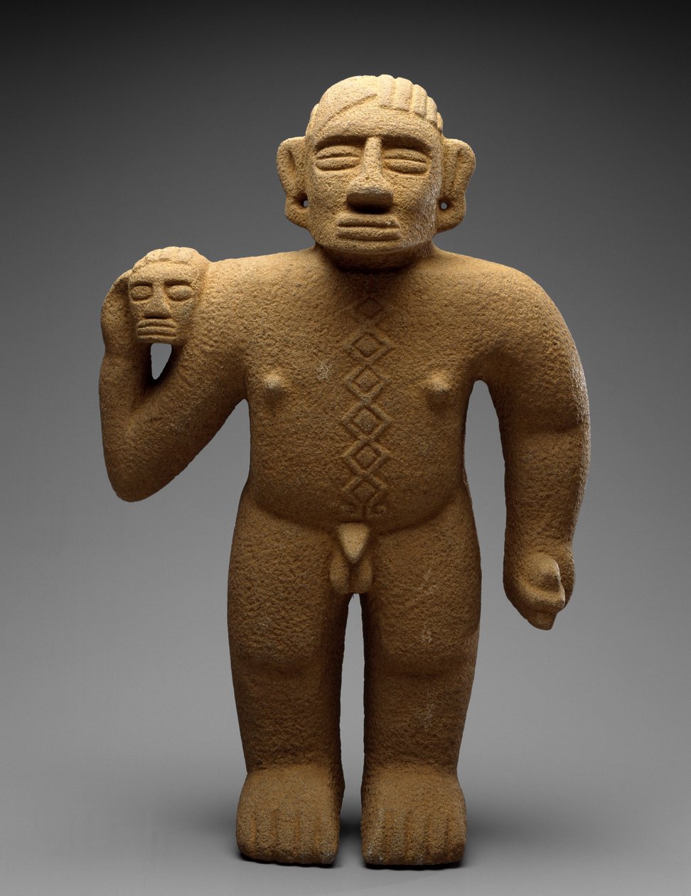 Stående krigare med troféhuvud, Costa Rica, sen period V - tidig period VI, 700-1000 (vulkanisk sten) av Atlantic Watershed Culture Atlantic Watershed Culture