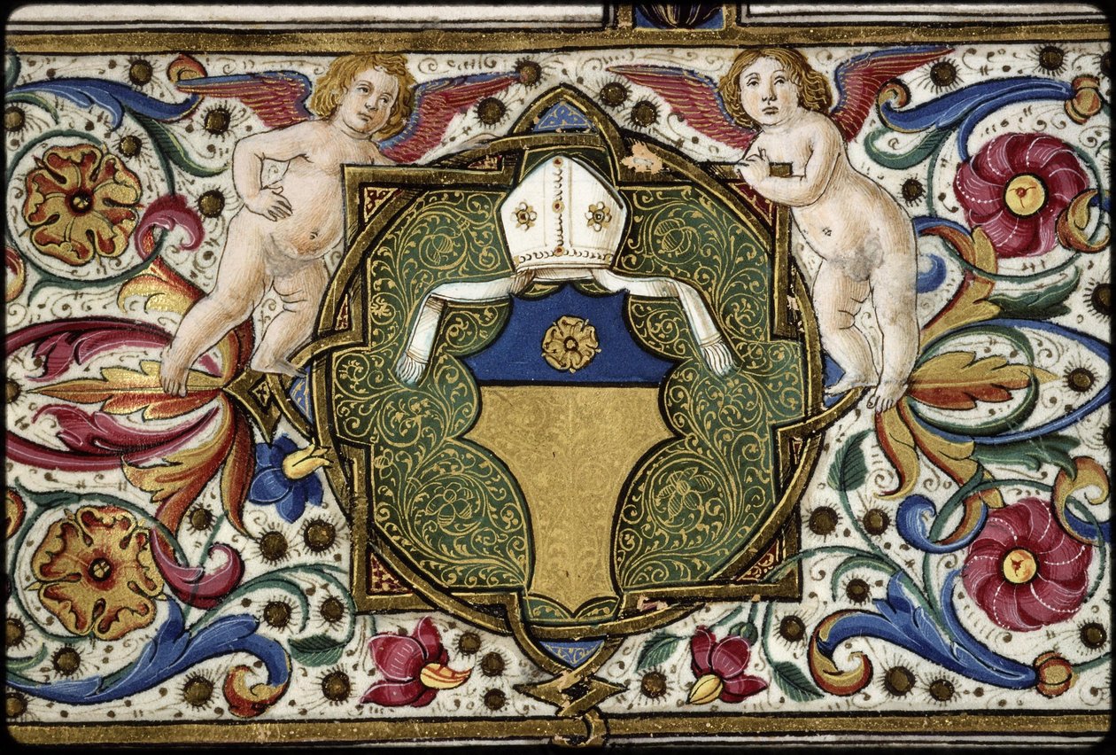 Missal av Thomas James: detalj av kommissionärens vapen, "Or, on a chief azure a rose Or". av Attavante degli Attavanti