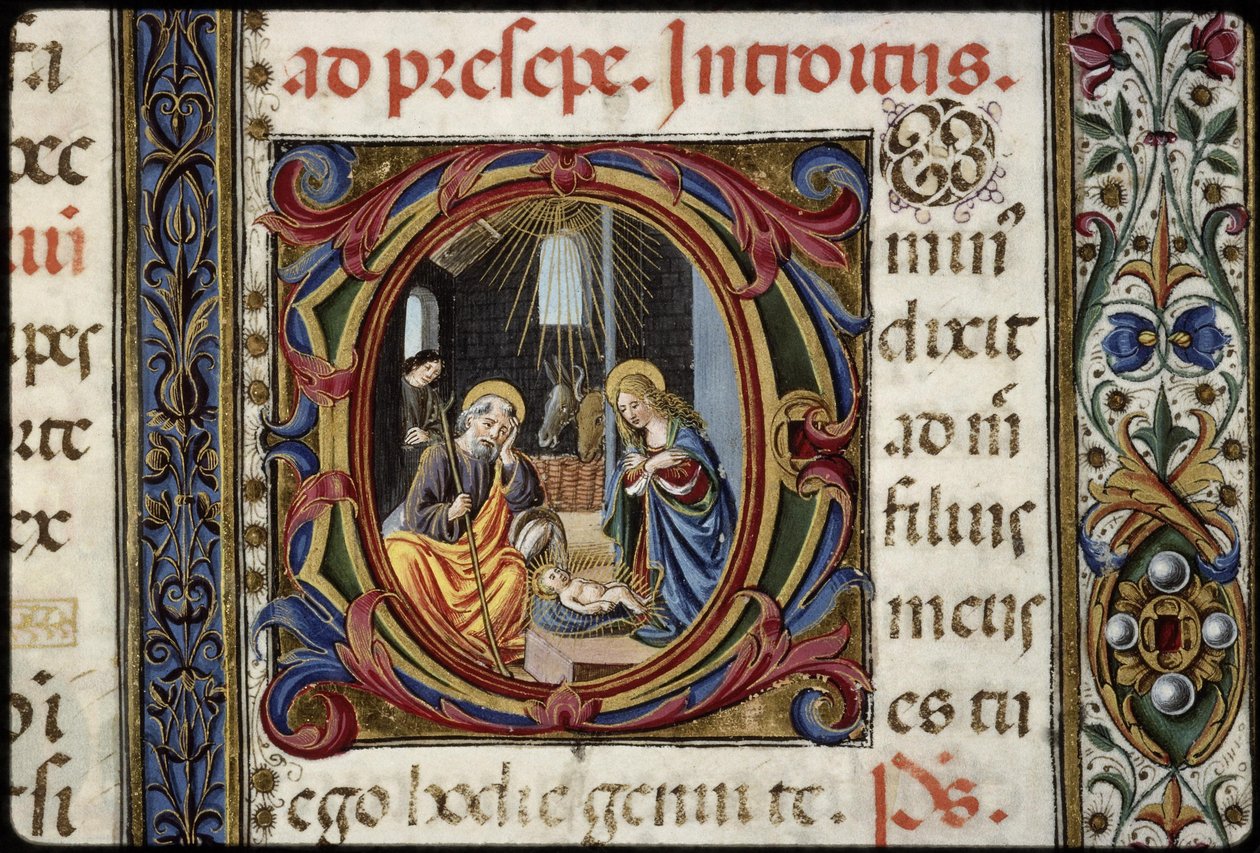 Missal av Thomas James: detalj av bokstaven D: Födelsekyrkan. av Attavante degli Attavanti