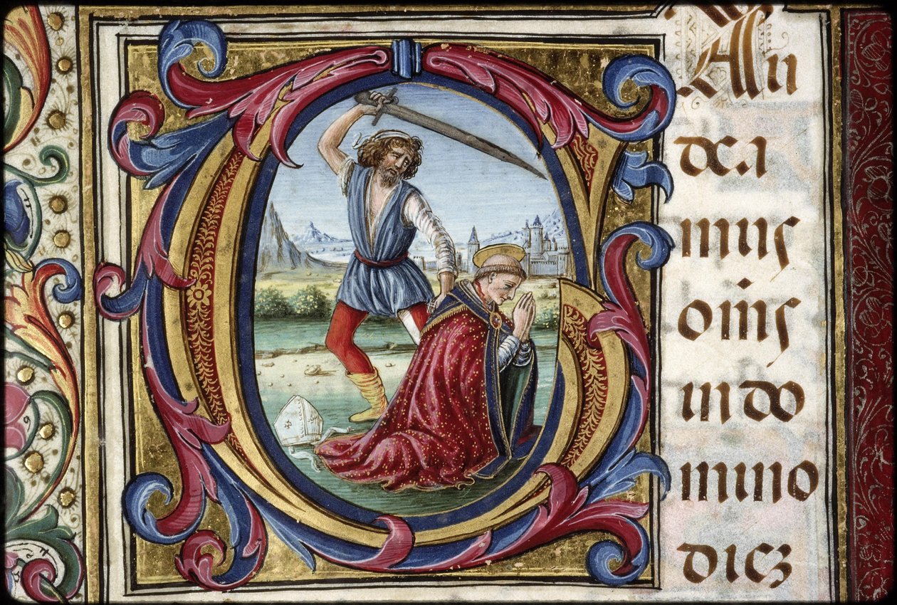 Thomas James missal: detalj av en bokstav G: den helige Thomas Beckets martyrdöd. av Attavante degli Attavanti