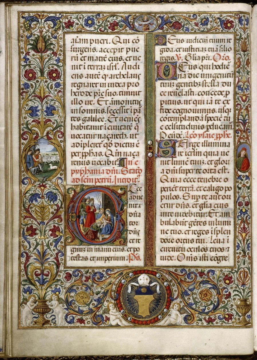 Missal av Thomas James: sida med en bokstav: Magiernas tillbedjan och en medaljong i marginalen: herdarna vid bebådelsen. av Attavante degli Attavanti