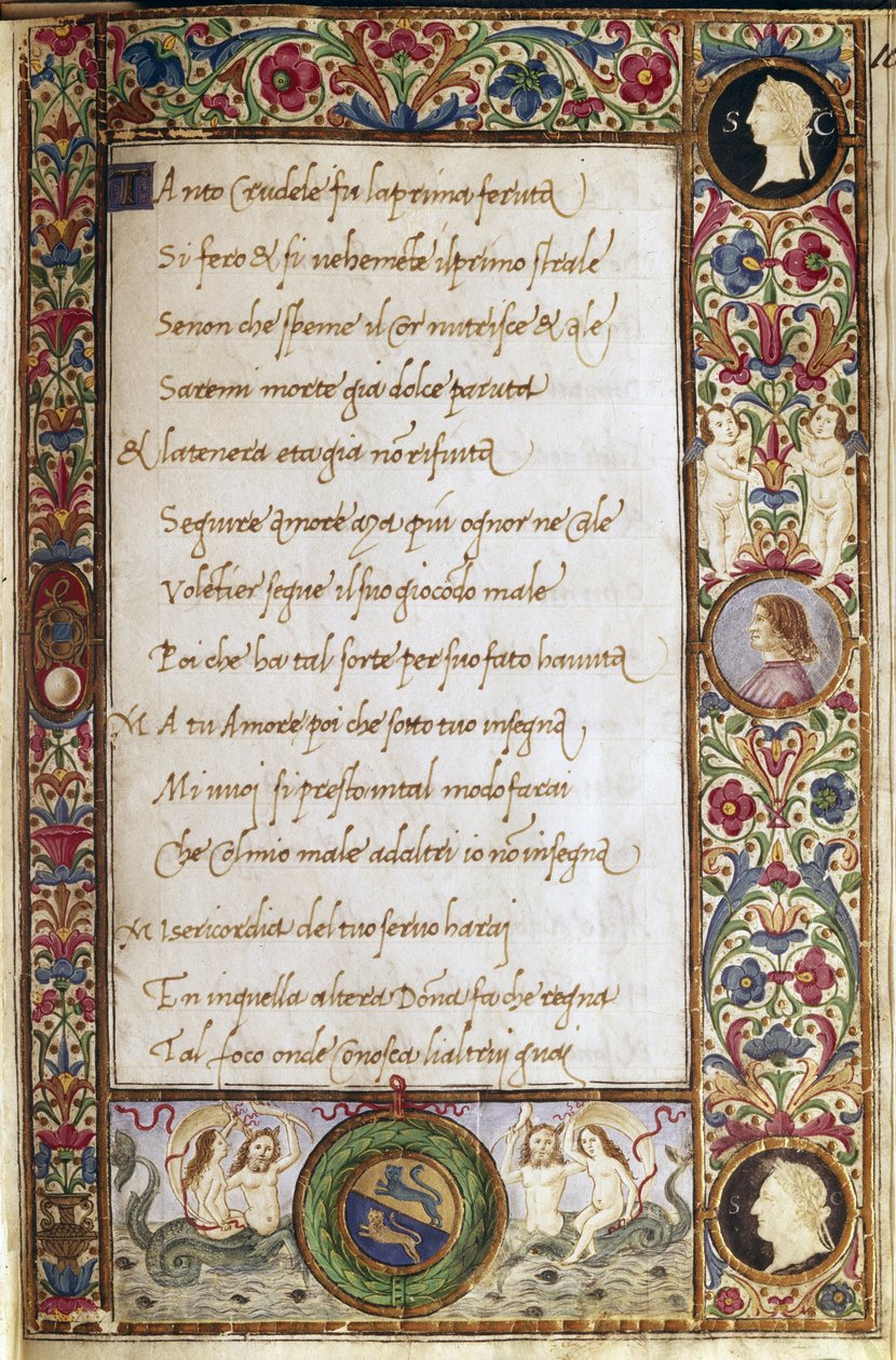 Sida ur manuskriptet "Il canzoniere" av Francesco Petrarca (Petrarca) (1304-1374) illuminerad av Attavante dei Attavanti (1452-1525) (ms. cl.VIII.684) 1400-tal Dim. 19 x 12,7 cm Florens, Nationalbiblioteket av Attavante di Gabriello di Vanti di Bartolo