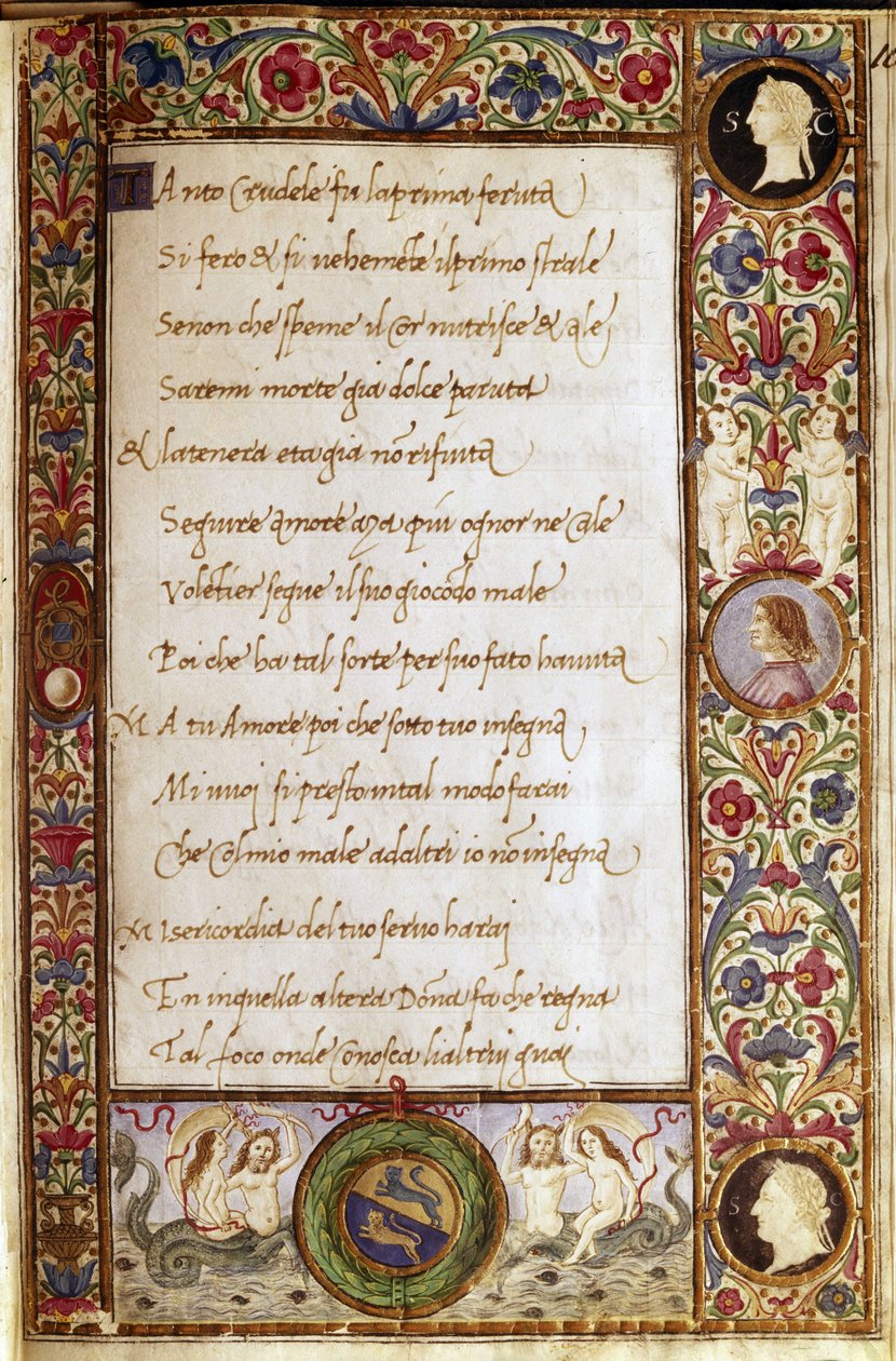 Sida ur manuskriptet till "Il Canzoniere" av Francesco Petrarca (1304-1374). Miniatyr av Attavante degli Attavanti (1452-1525), Nationalbiblioteket, Florens av Attavante di Gabriello di Vanti di Bartolo