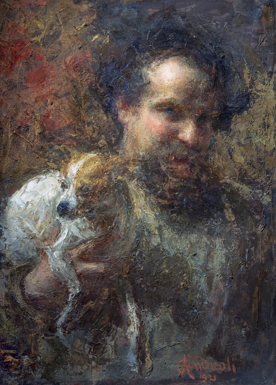Attilio Andreoli självporträtt med hund (olja på duk) av Attilio Andreoli