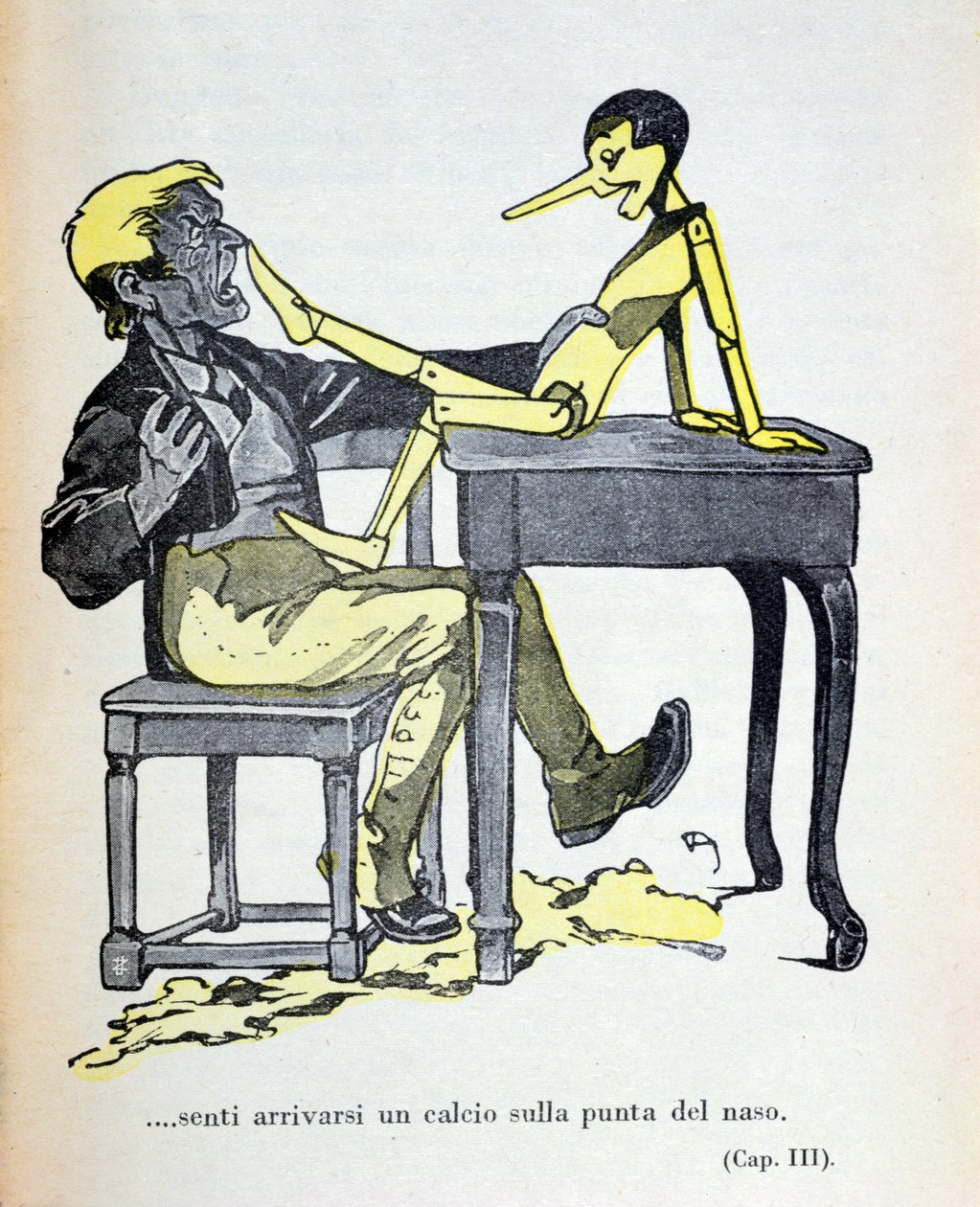 "Gepetto kände en spark på nästippen", illustration ur "Pinocchio" av Carlo Collodi (1826-90) utgiven av Bemporad 1935 (färggravyr) av Attilio Mussino