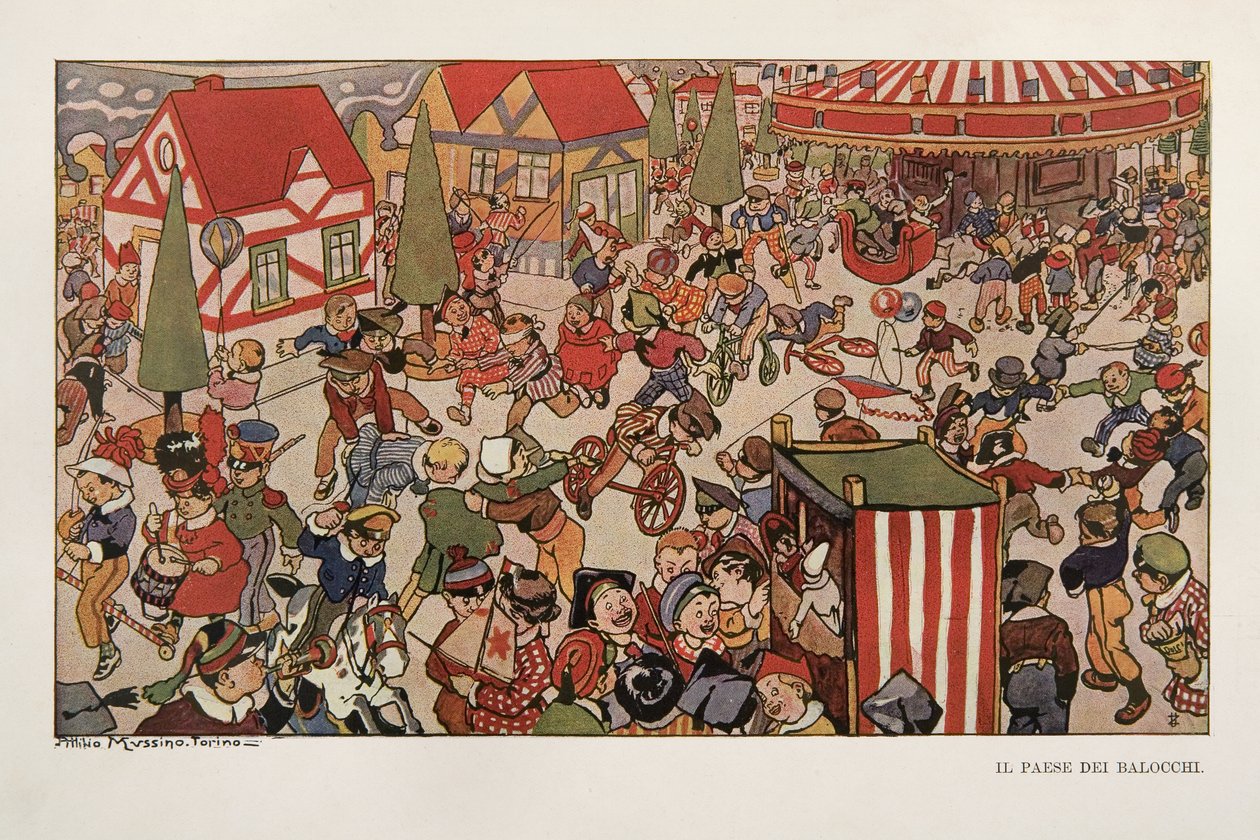 Leksakernas land, illustration från Pinocchio av Attilio Mussino