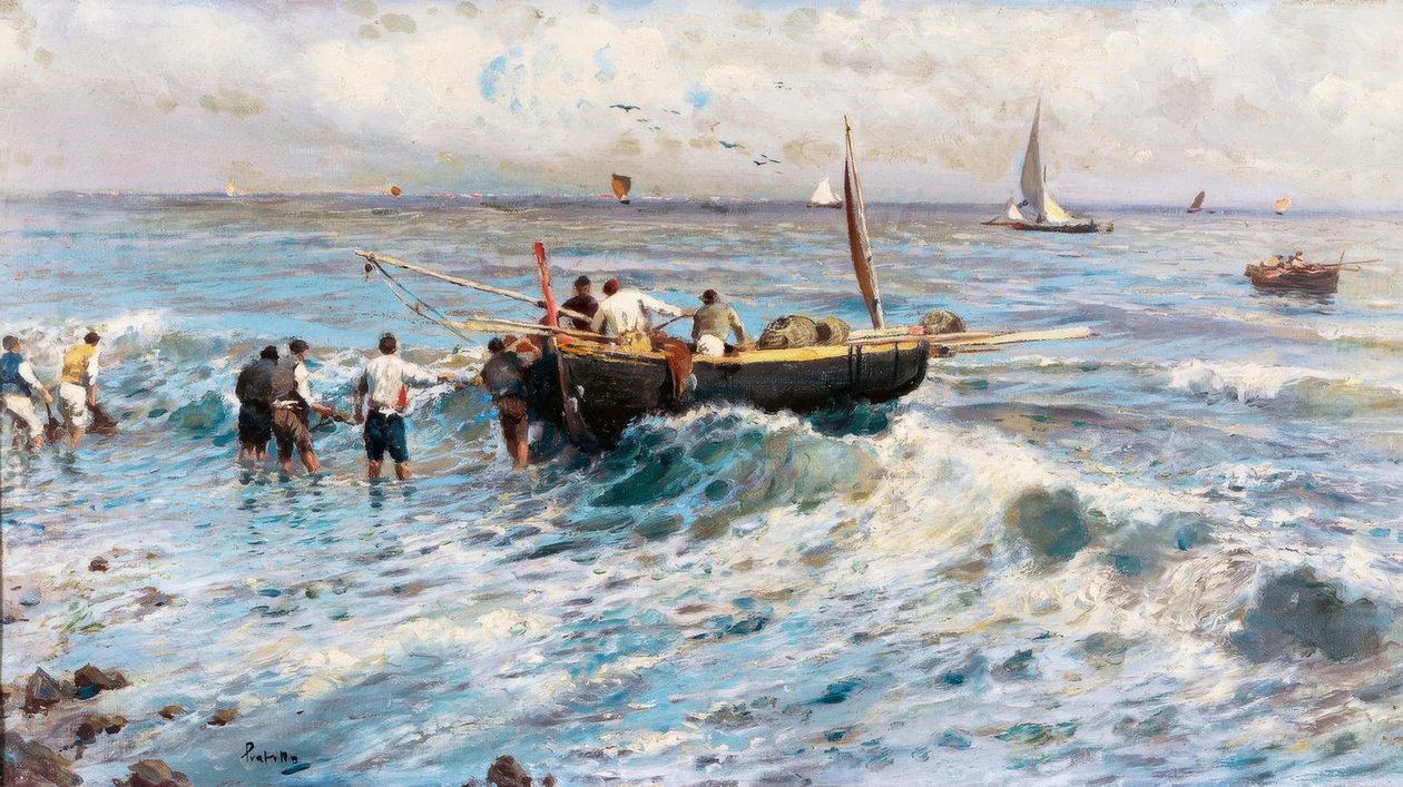 Havslandskap med fiskare av Attilio Pratella