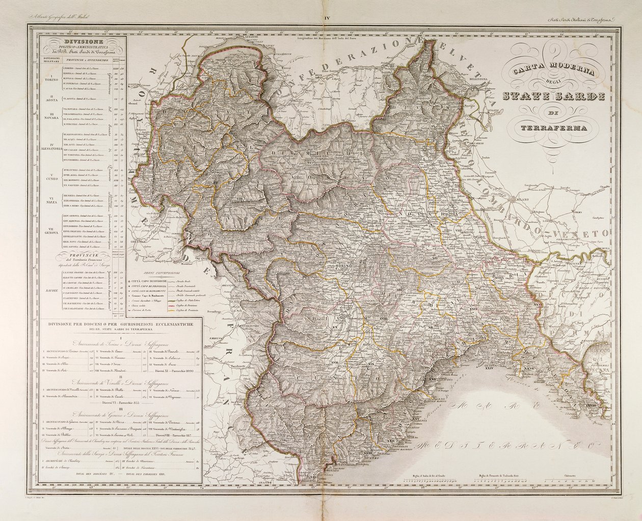 sardiska stater på fastlandet. Karta av Attilio Zuccagni-Orlandini, hämtad från Geographic Atlas of Italian States, Florens, gravyr på koppar av Attilio Zuccagni Orlandini