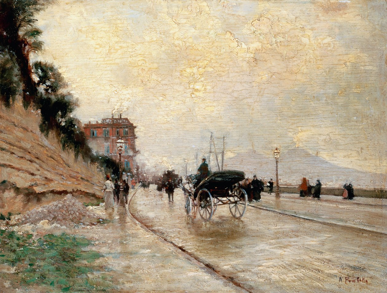 Vagn på strandpromenaden i Neapel (olja på panel) av Attillo Pratella