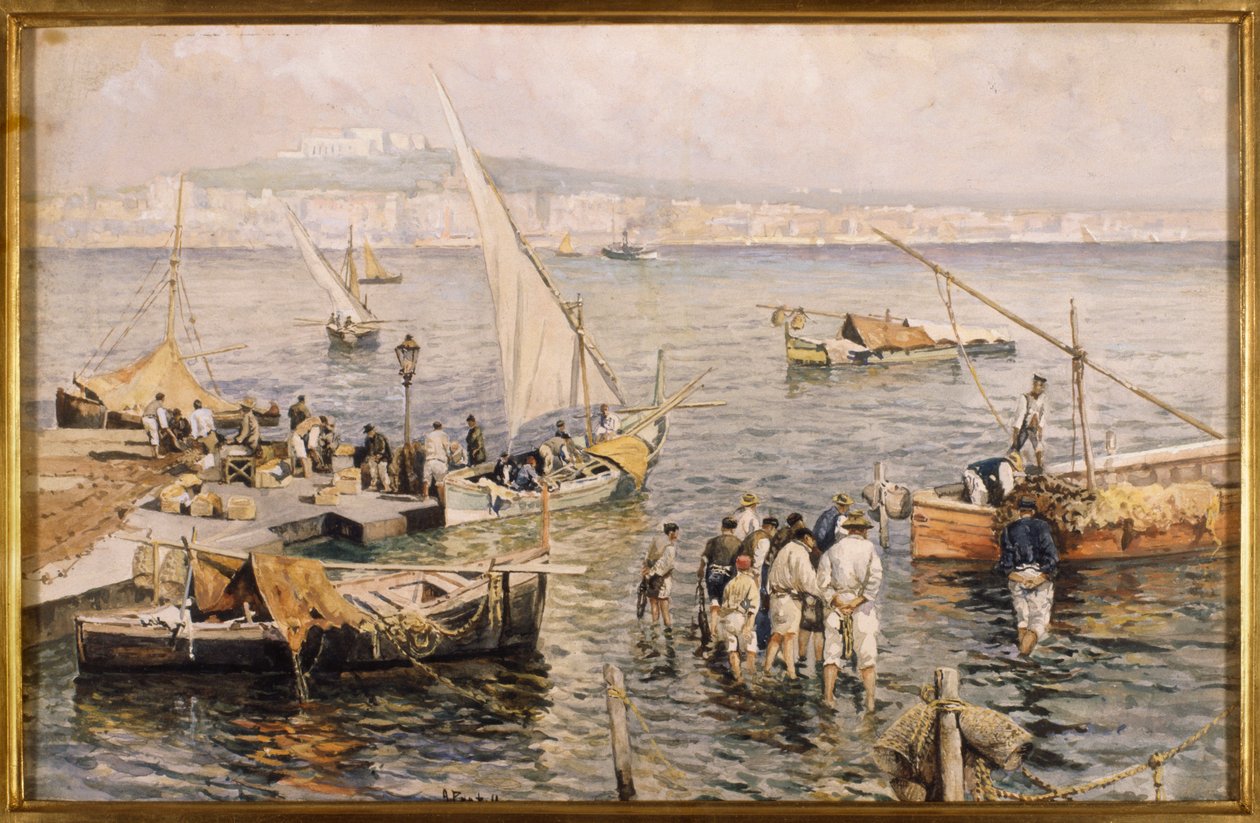 Marina med fiskare (akvarell) av Attillo Pratella