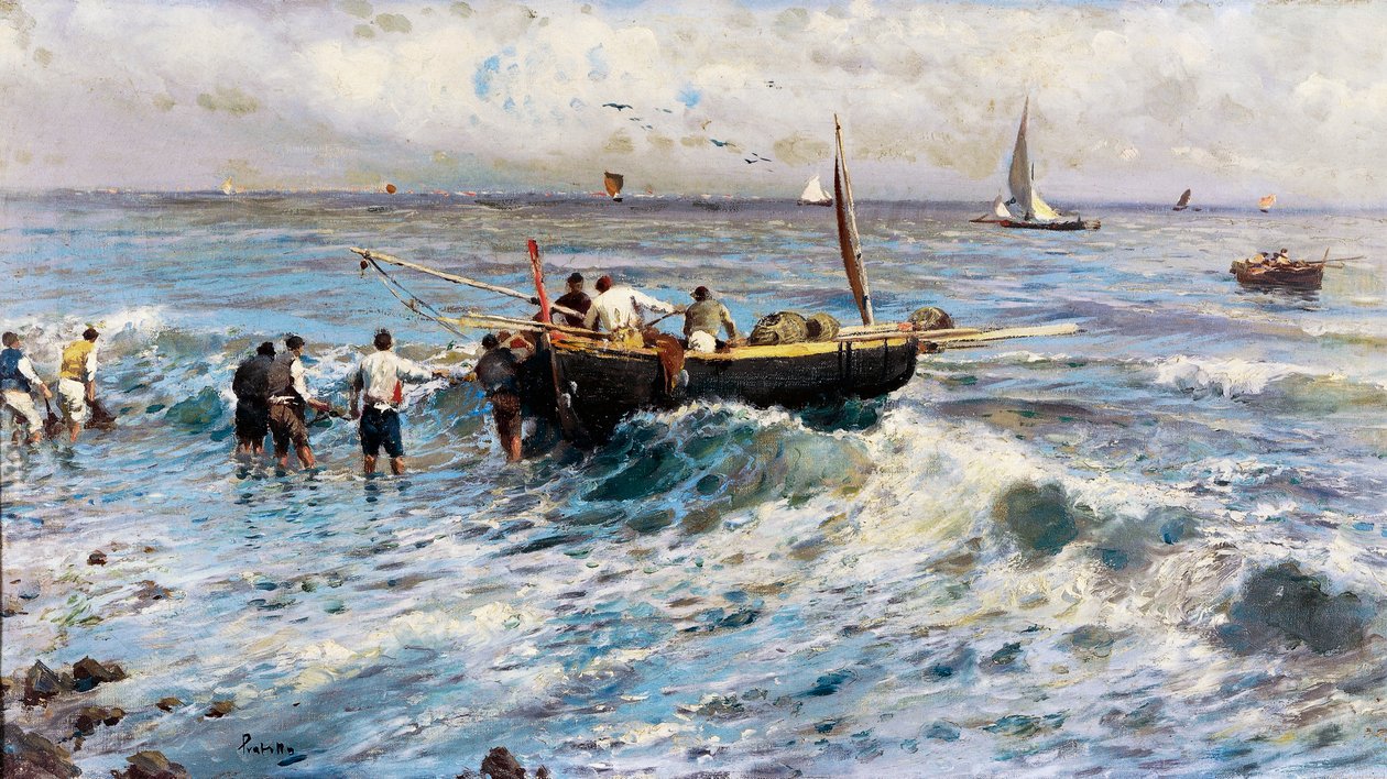 Havslandskap med fiskare (målning) av Attillo Pratella