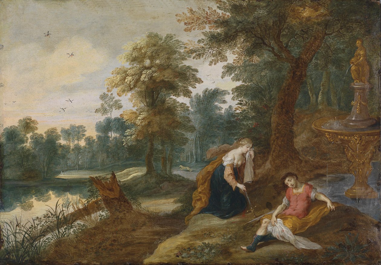 A landscape with Pyramus and Thispe av Attributed to Jasper van der Lanen  