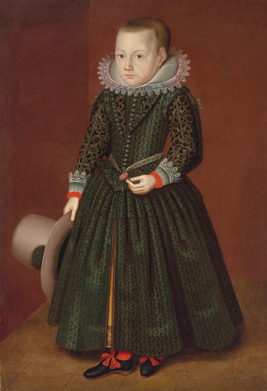 Portrait of a young boy, standing, in skirts, holding a plumed hat av Wybrand Simonsz. de Geest