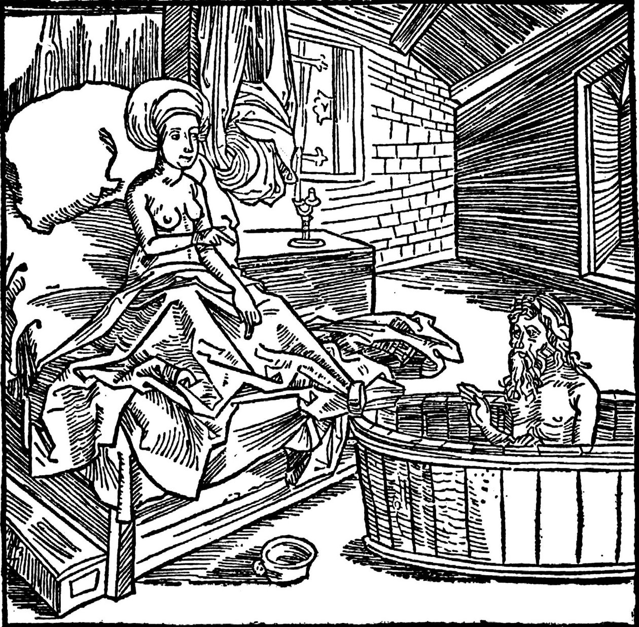 Kvinnan och den badande eremiten. av attributed to Albrecht Dürer