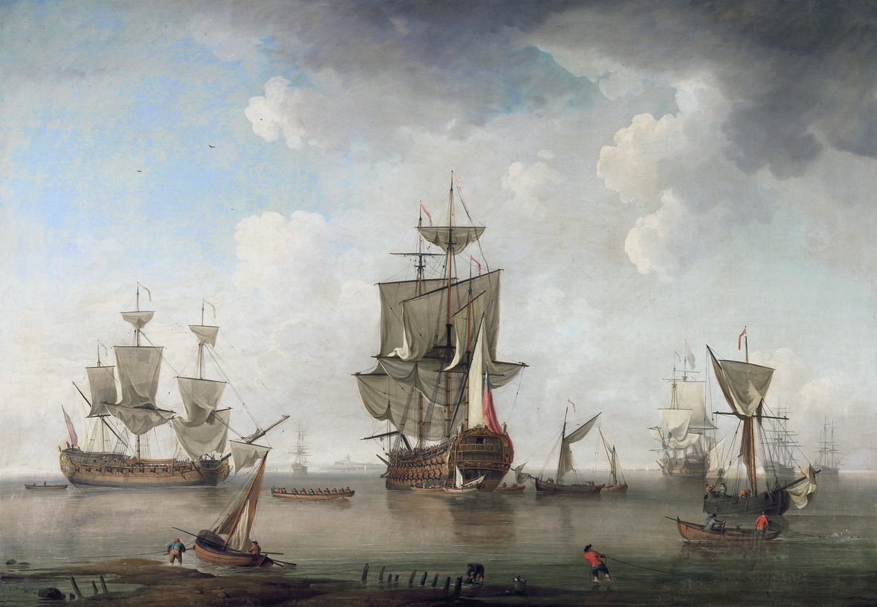 Krigsmän i hamn av attributed to Charles Brooking