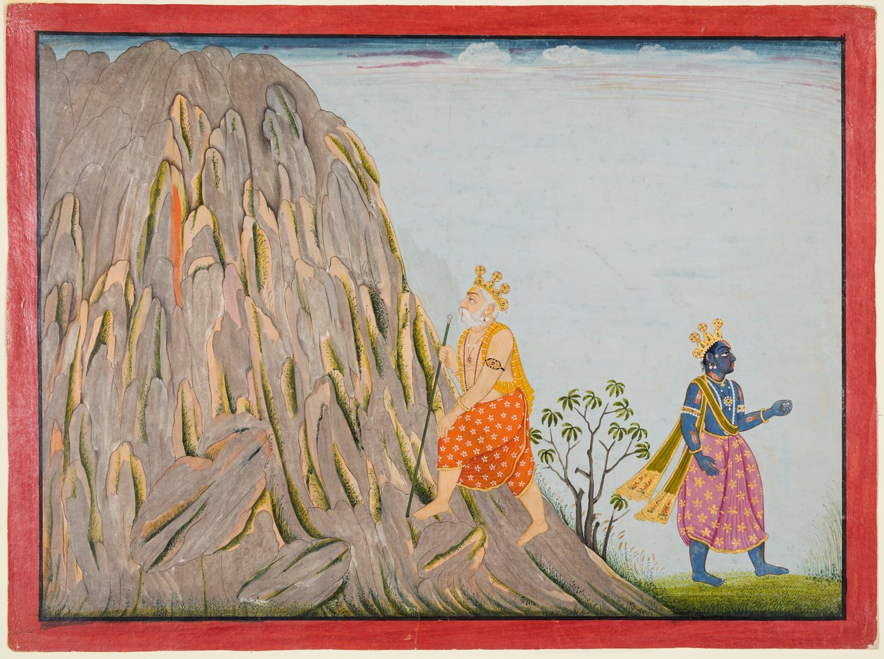 Kung Muchukunda går in i Gandhamadana-bergets rike för att uppnå frälsning, ur "Femte Basohli Bhagavata Purana" av attributed to Fattu