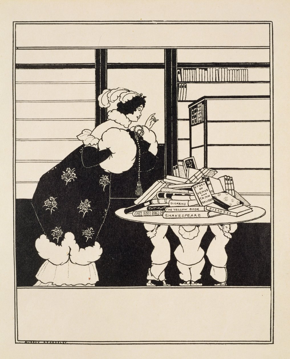 Kvinna i en bokhandel, design för en "Yellow Book"-omslag (oanvänd) c.1894-5 av Aubrey Beardsley