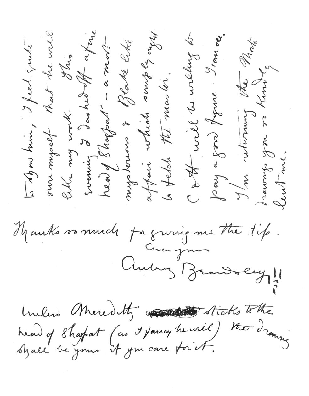 Andra sidan av autografbrevet till Frederick Evans, c.1893 av Aubrey Beardsley