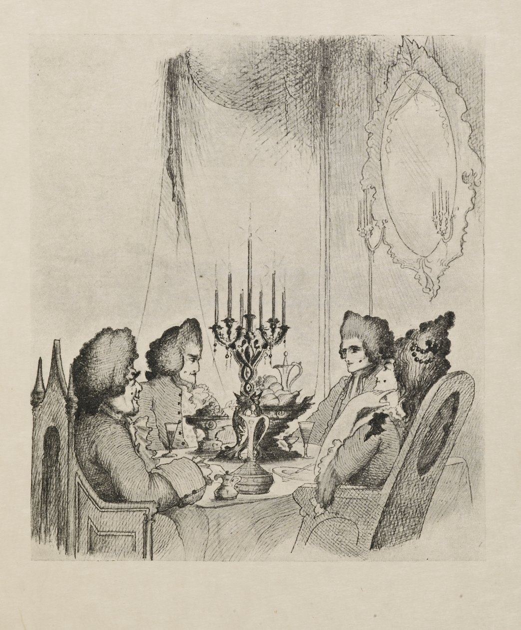 En scen från "Madame Lescaut" från en bok med femtio teckningar av Aubrey Beardsley